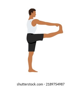 Man standing in Extended Hand to Big Toe exercise, Utthita Hasta Padangustasana pose. Flat vector illustration isolated on white background