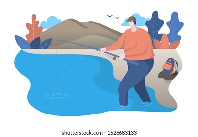 Man Standing Fishing Using Rod in River Nature Flat Design Illustration