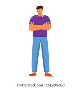 Man standing flat color vector illustration. Boy wearing jeans, violet tshirt and red trainers. Male figure standing with arms crossed isolated cartoon character on white background