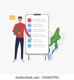 Man standing at flipchart with list vector illustration. Report, instruction, to do list. Business concept. Creative design for websites, business presentations, banners