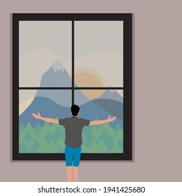 Hombre parado frente a una ventana mirando el diseño del paisaje montañoso en un color plano moderno