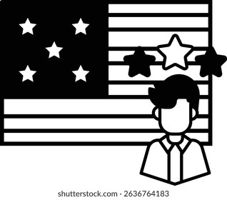 A man is standing in front of the American flag with a star on it. The man is wearing a tie and a suit