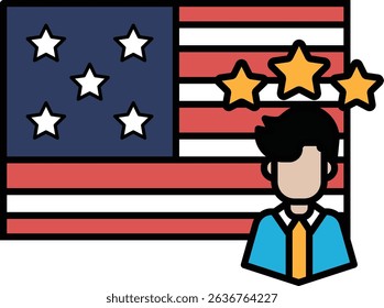 A man is standing in front of the American flag with five stars. The man is wearing a blue shirt and a tie