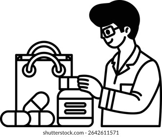 A man is standing in front of a bag of pills. He is holding a pill bottle and he is a pharmacist