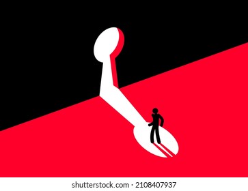 Man standing in front of big keyhole vector illustration, new opportunities concept, enter next door, career development.