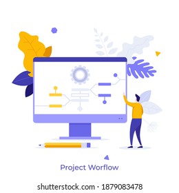 Man standing in front of block scheme or flowchart displayed on computer screen. Concept of project workflow, work planning, business development strategy. Modern flat vector illustration for banner.