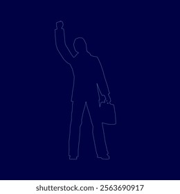 Man is standing in front of a blue background with a briefcase in his hand. He is holding his hand up in the air, as if he is celebrating or expressing joy. Concept of accomplishment or success