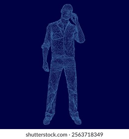 Man is standing in front of a blue background, talking on his cell phone. The image has a futuristic and somewhat eerie feel to it, as if the man is in a virtual reality or a sci-fi setting