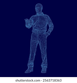 Man is standing in front of a blue background. He is wearing a shirt and pants. The man is holding a cell phone in his hand