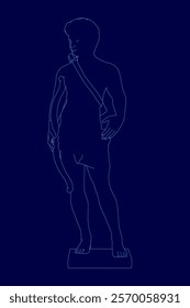Man is standing in front of a blue background. He is holding a bow and arrow. The image has a mysterious and contemplative mood