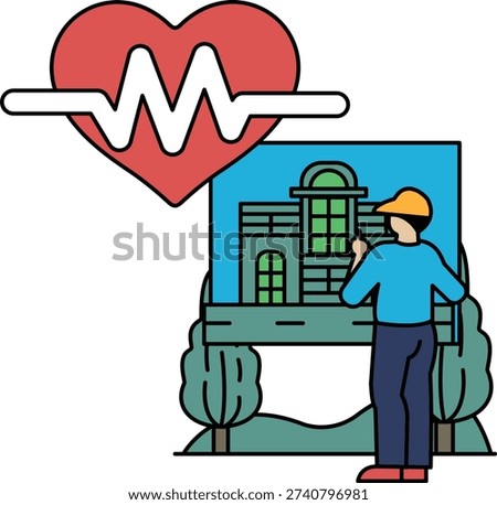 A man is standing in front of a building, drawing a picture of it. The building is a hospital, and the man is an architect. Concept of creating a new hospital building, and the mood is serious