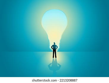 Man standing in front of bulb shape door, opportunity, innnovation, creativity concept