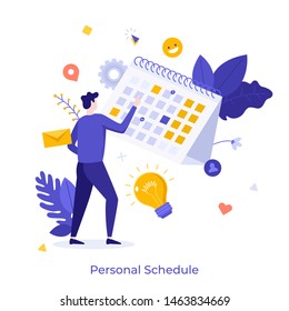 Man standing in front of calendar or planner and managing his personal schedule or timetable. Concept for time management, effective planning, scheduling. Modern flat cartoon vector illustration.