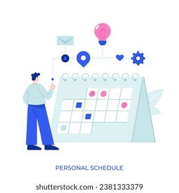 Man standing in front of calendar or planner and managing his personal schedule or timetable. Concept for time management, effective planning, scheduling. Modern flat cartoon vector illustration.