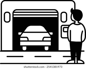 A man is standing in front of a car in a garage