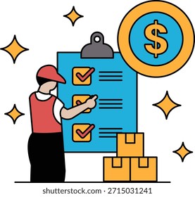 Ein Mann steht vor einem Klemmbrett mit einem Dollarzeichen darauf. Er zeigt in die Zwischenablage, die neben jedem Element eine Liste und ein Häkchen enthält. Konzept einer Checkliste oder eines Inventars