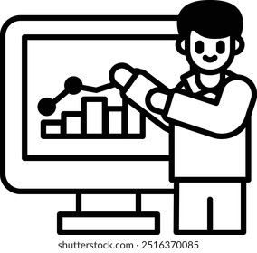 A man is standing in front of a computer monitor with a graph on it. He is pointing at the graph and smiling. Concept of excitement and enthusiasm for the data displayed on the screen