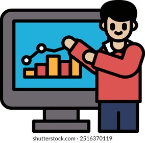 A man is standing in front of a computer monitor with a graph on it. He is pointing at the graph and smiling. Concept of excitement and enthusiasm for the data displayed on the screen