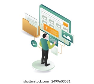 A man standing in front of a computer screen with a folder and other items
