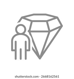 A man standing in front of a diamond line icon. Personal ambition, goal setting, or high achievement symbol. Vector illustration. Isolated on white background