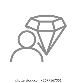 Um homem parado na frente de um ícone de linha de diamante. Ambição, meta ou símbolo de alta conquista. Ilustração vetorial