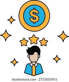 Um homem está parado em frente a um símbolo de dólar com três estrelas acima dele. Conceito de sucesso e conquista, com o símbolo de dólar representando riqueza e as estrelas simbolizando reconhecimento e louvor
