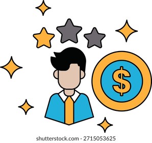 A man is standing in front of a dollar sign with a star above it. Concept of success and achievement, as the man is likely to be a successful businessman or entrepreneur