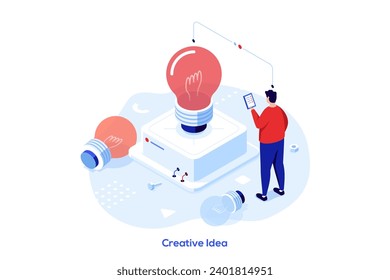 Man standing in front of electric light bulb. Concept of innovative idea, innovation, breakthrough technology, modern thinking. Isometric vector illustration for banner, poster, advertisement.