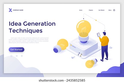 Man standing in front of electric light bulb. Concept of innovative idea, innovation, breakthrough technology, modern thinking. Isometric vector illustration for banner, poster, advertisement.