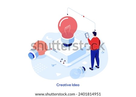 Man standing in front of electric light bulb. Concept of innovative idea, innovation, breakthrough technology, modern thinking. Isometric vector illustration for banner, poster, advertisement.