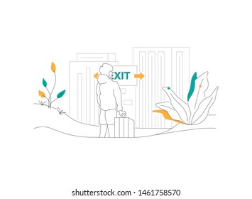 Man standing in front of exit signage with bag luggage after travelling and back to city illustration design vector isolated