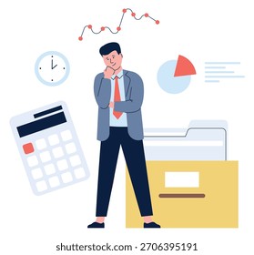 Um homem está parado na frente de um arquivo de gabinete com uma calculadora