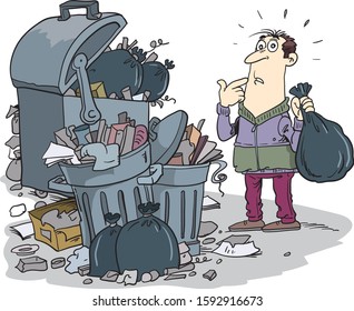 Man standing in front of the garbage containers. 