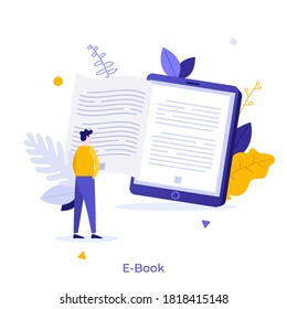 Man standing in front of giant electronic book. Concept of e-book, portable device or gadget for reading and education, digital reader. Modern flat colorful vector illustration for banner, poster.