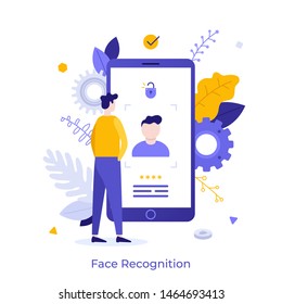 Man standing in front of giant smartphone and trying to log in. Concept of Face ID technology, facial recognition system, biometric authentication, information protection. Flat vector illustration.