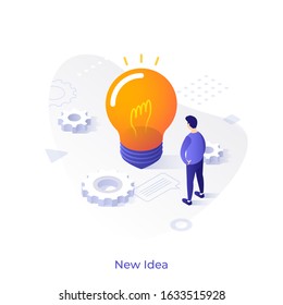 Man standing in front of glowing lightbulb and looking at it. Concept of innovation, creativity, creative idea generation, innovative technology invention. Modern isometric vector illustration.