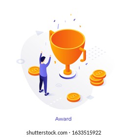 Man standing in front of golden champion cup and celebrating victory. Concept of award or prize for winning business competition, financial profit, success. Modern isometric vector illustration.