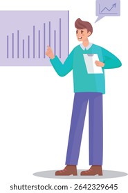 Um homem em pé na frente de um gráfico apontando para ele analisa os dados de crescimento de vendas, um funcionário analisa um gráfico de crescimento de vendas, uma ilustração vetorial simples e minimalista