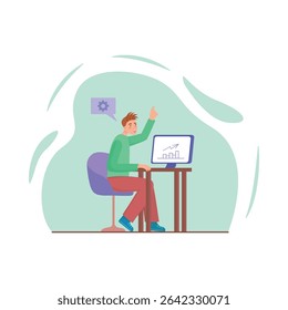 Um homem em pé na frente de um gráfico apontando para ele analisa os dados de crescimento de vendas, um funcionário analisa um gráfico de crescimento de vendas, uma ilustração vetorial simples e minimalista