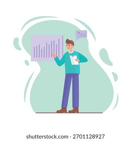 Um homem em pé na frente de um gráfico apontando para ele analisa dados de crescimento de vendas, um funcionário analisa um gráfico de crescimento de vendas, uma ilustração vetorial simples e minimalista. Ilustração vetorial