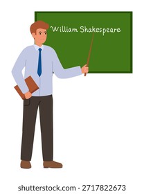 Man standing in front of green chalkboard with name William Shakespeare . He holding book and pointer. Literature teacher.