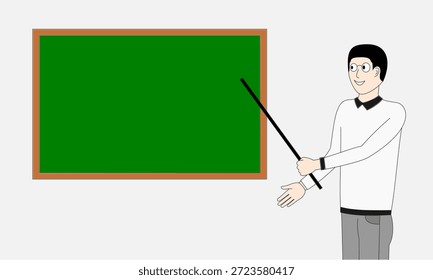 Um homem está parado em frente a um quadro-negro verde com um ponteiro na mão. Ele está dando aula