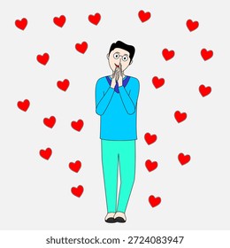 Um homem está parado na frente de corações. Ele está usando uma camisa azul e calças azuis