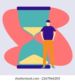 man standing in front of hourglass, vector flat illustration, flat vector man with hourglass