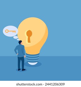 A man standing in front of an idea lamp forgot to bring his keys, illustration for lack of ideas.