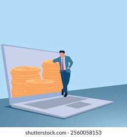 A man standing in front of a laptop and coins inside. Illustration for earning money online, work from home, freelance.