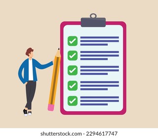 man standing in front of large form paper. illustration of cartoon man filling out a form