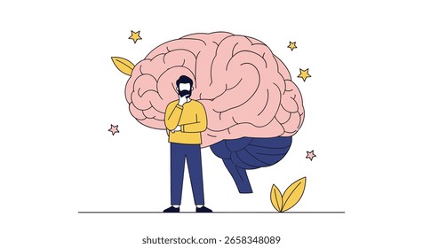 Hombre de pie frente al cerebro humano Grande que ilustra el desarrollo de las habilidades cognitivas