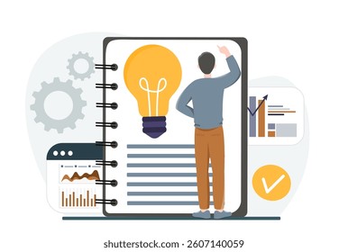 Man standing in front of a large open notebook with a lightbulb symbol, surrounded by charts and gears, on a white background. Concept of innovation. Vector illustration