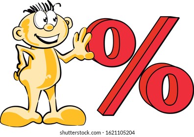 Man standing in front of a large percentage sign. Concept of sales and shopping opportunities. Vector illustration in cartoon style available in EPS 10.